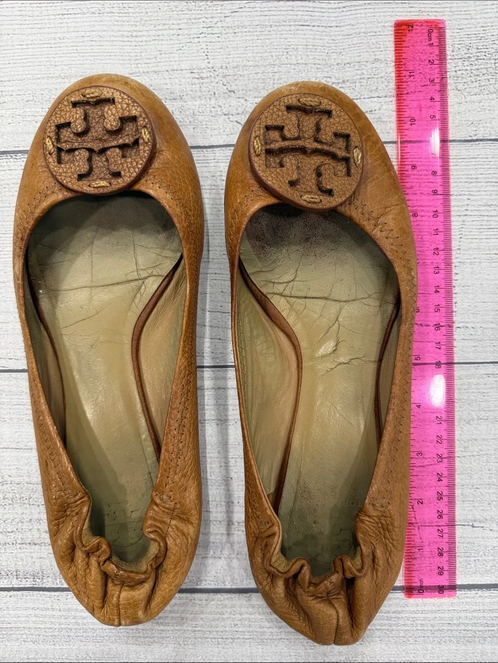 Tory Burch Reva Cognac Brown Leather Ballet Flats Logo Medallion Women's Size 10